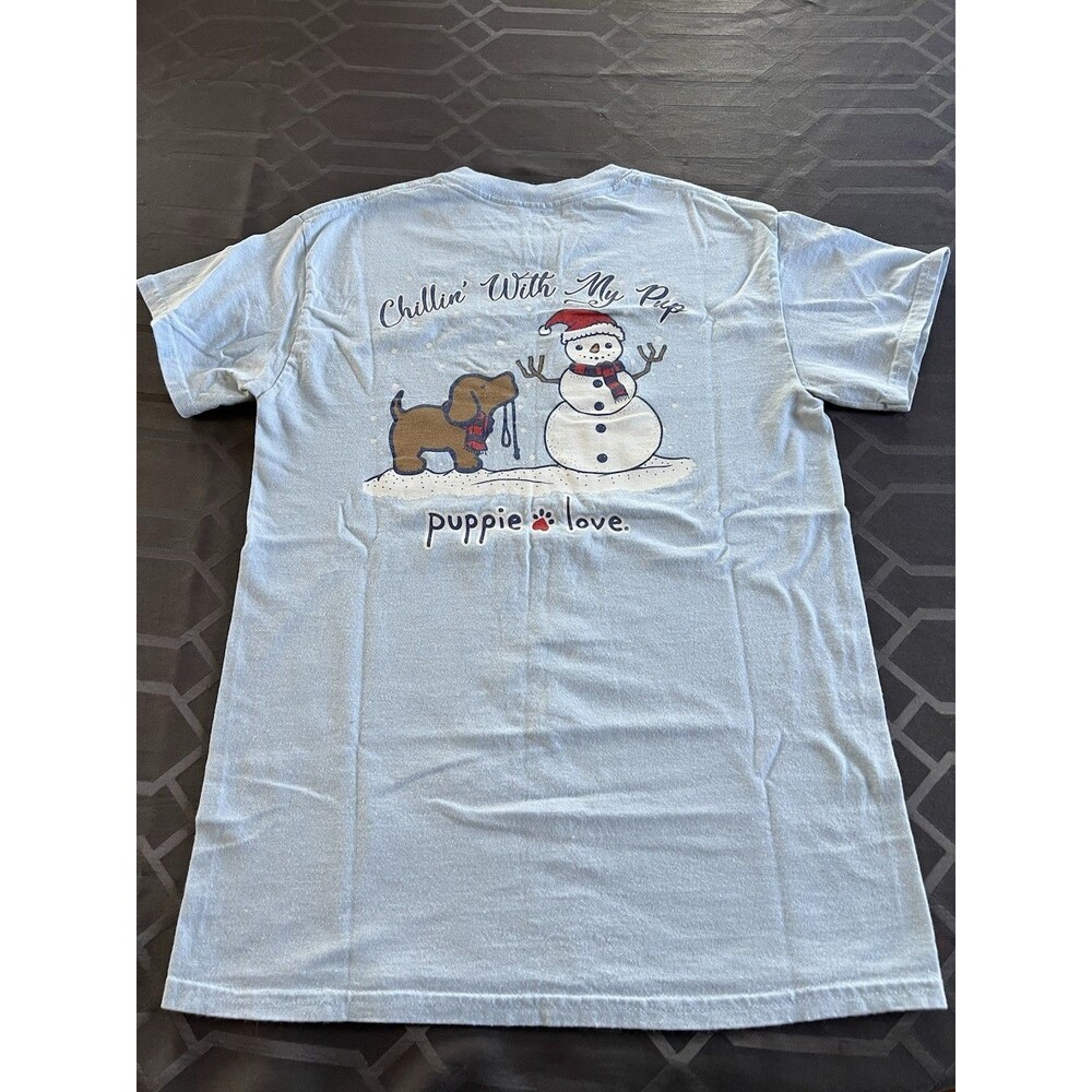 Puppie Love Chillin With My Pup Women’s Blue Cotton Tee Small Snowman Winter